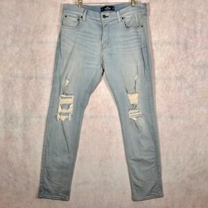 Hollister Jeans Mens 36x32 Skinny Fit Light Wash Distressed Advanced Stretch
